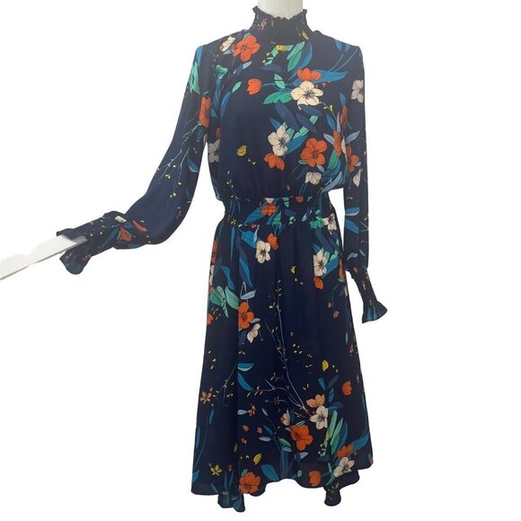 Nanette Lepore Floral smocked Hi Lo Hem Dress HI Neck Ladies Size 10 Colorful - Picture 3 of 9